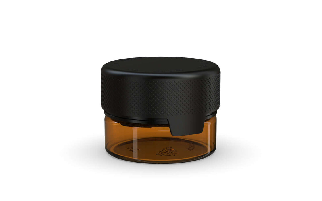 30CC/1FL.OZ/30ML Aviator CR - Container With Inner Seal & Tamper - Translucent Amber With Opaque Black Lid
