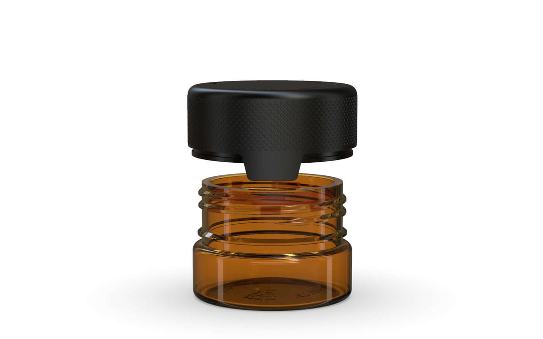 30CC/1FL.OZ/30ML Aviator CR - Container With Inner Seal & Tamper - Translucent Amber With Opaque Black Lid