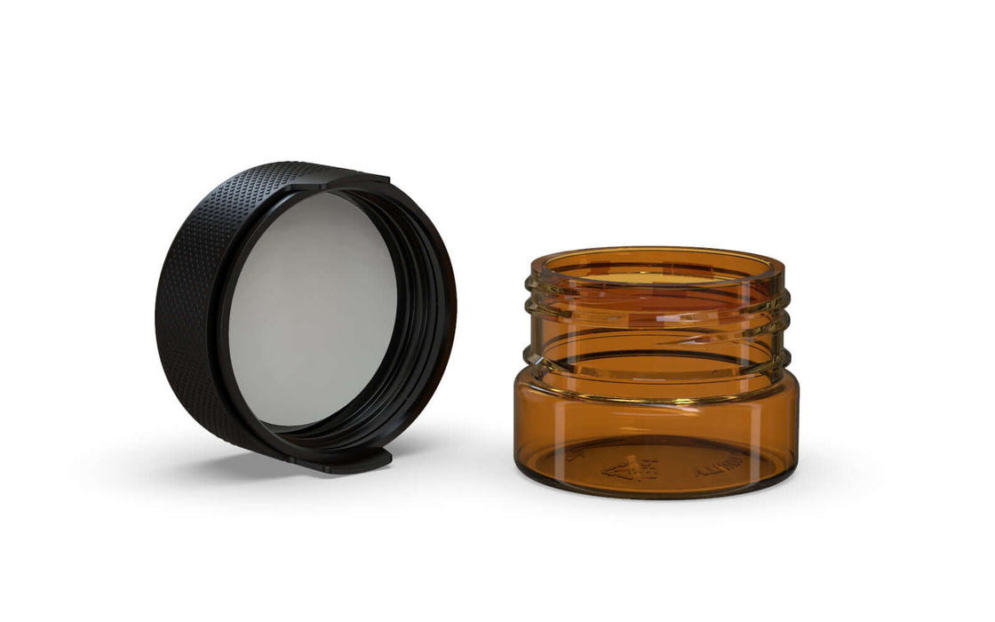 30CC/1FL.OZ/30ML Aviator CR - Container With Inner Seal & Tamper - Translucent Amber With Opaque Black Lid