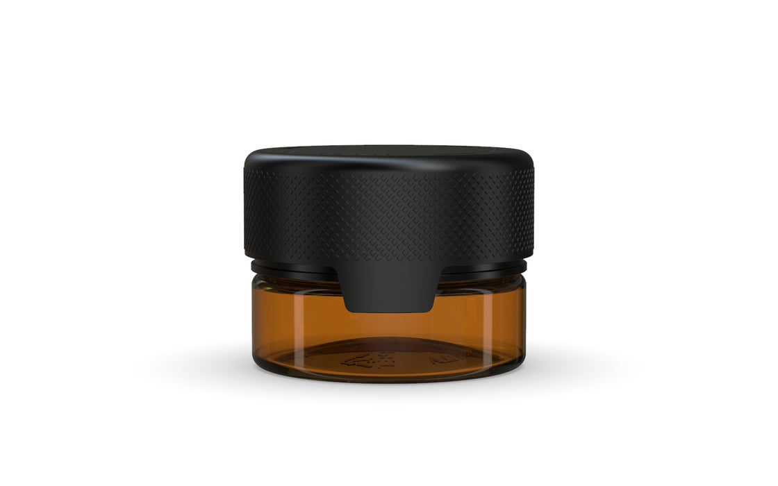 30CC/1FL.OZ/30ML Aviator CR - Container With Inner Seal & Tamper - Translucent Amber With Opaque Black Lid