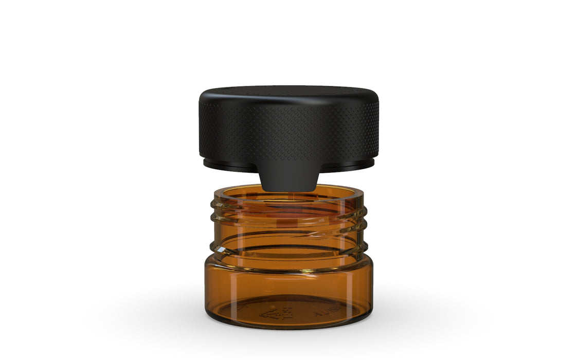 30CC/1FL.OZ/30ML Aviator CR - Container With Inner Seal & Tamper - Translucent Amber With Opaque Black Lid